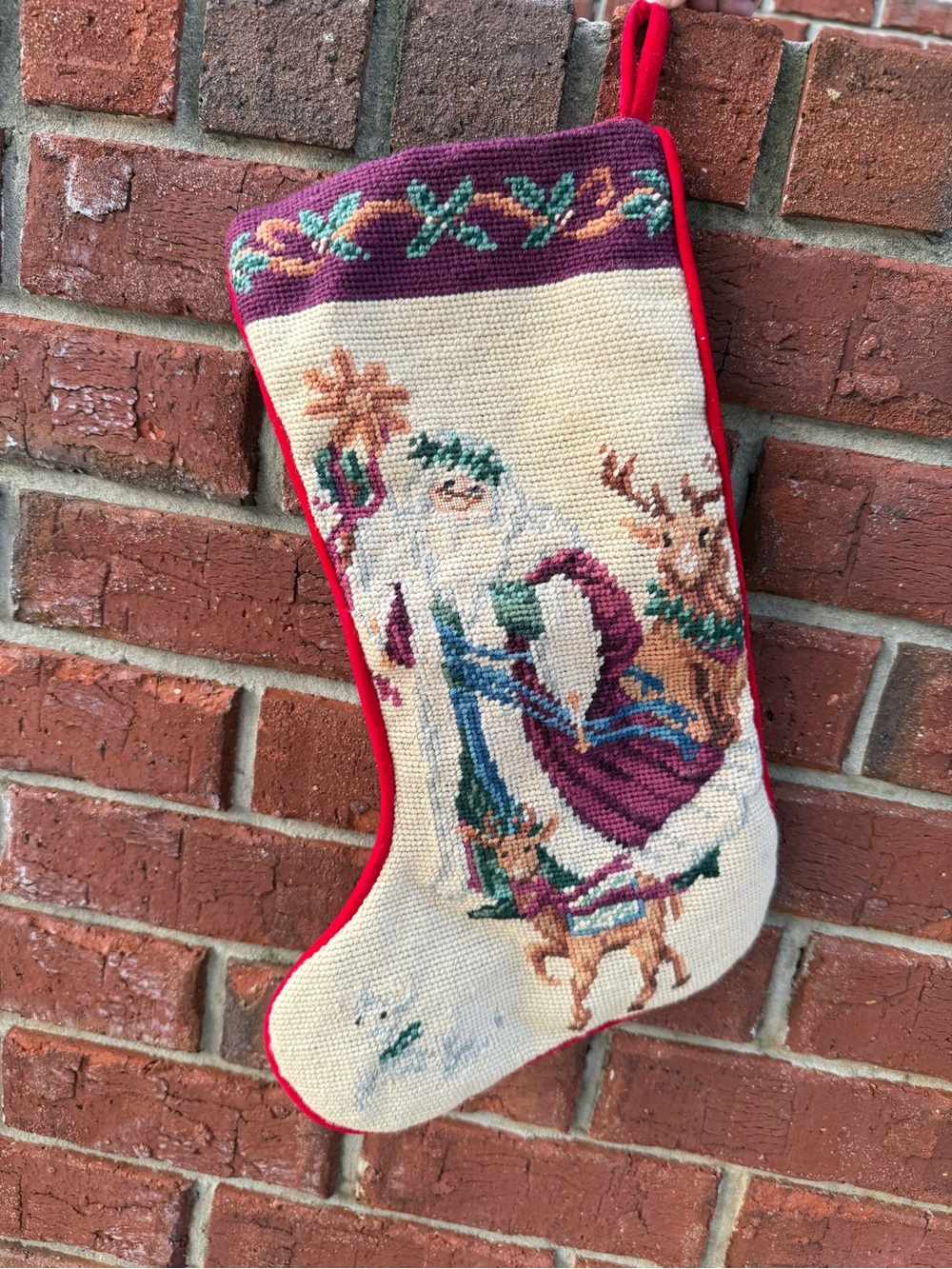Vintage Needlepoint Santa Christmas Stocking - burgandy & Cream